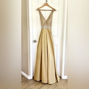 Glamorous gold Camille La Vie ballgown featuring square rhinestones.
